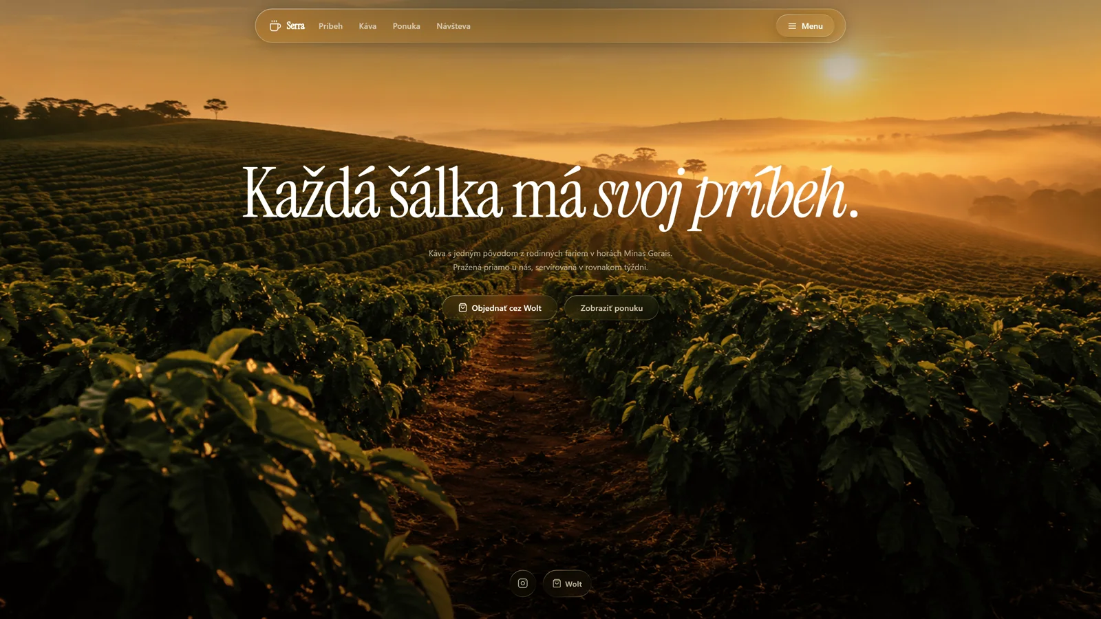 Úvodná stránka projektu Coffee Shop s fotografiou kávovej plantáže
